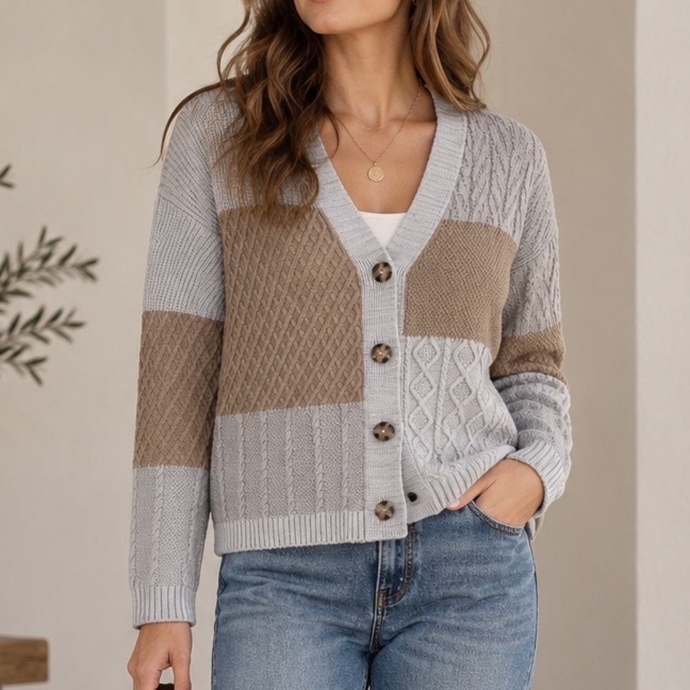 Neutral Cable Knit Cardigan Sweater M Colorblock Grandpa Fisherman J. JILL